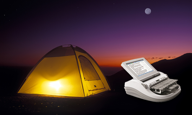tent with light in it and steno machine